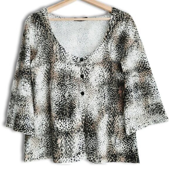 LINDA MATTHEWS Fine Knit Button Front Cardigan Cheetah Animal Print Sz L - Picture 1 of 11